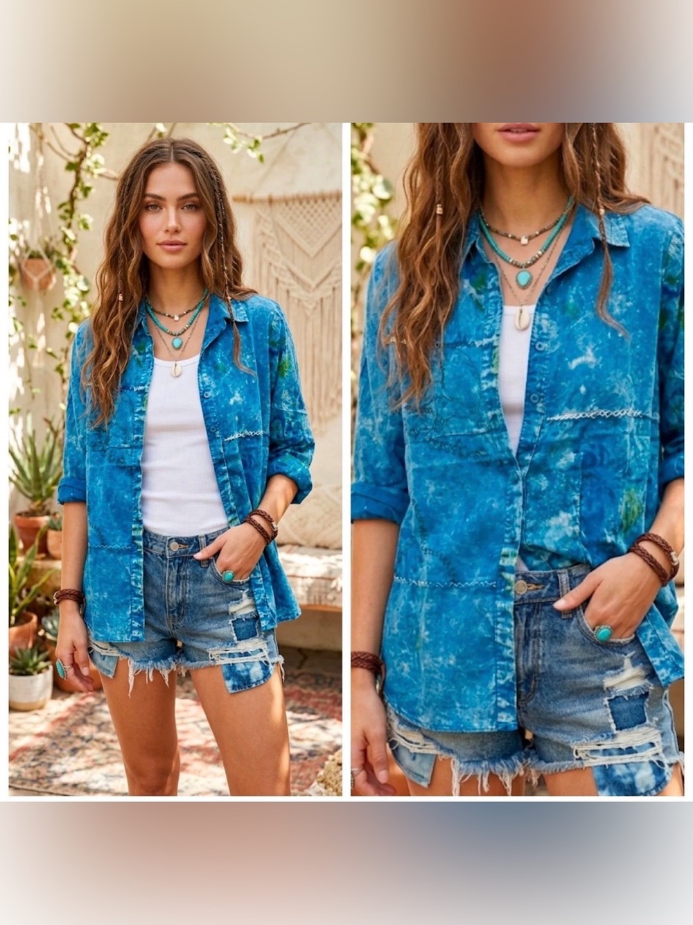 Blue Floral-Print Button-Down Shirt for Women